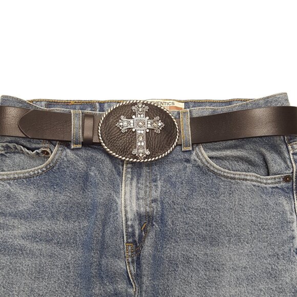Genuine Leather Belt with Oval Cross Buckle - Picture 2 of 2